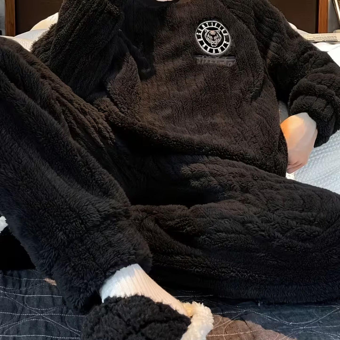 Fluffy Striped Crew Neck Pajama Set | Revangiol
