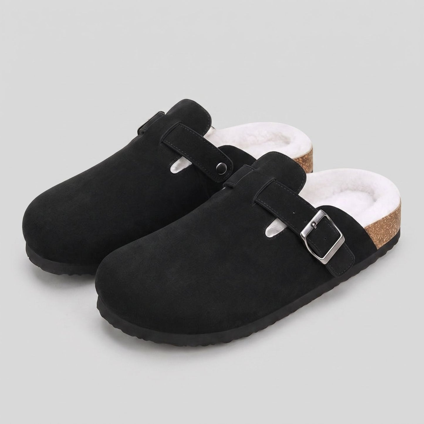 Fur-Lined Suede Buckle Clogs | Revangiol