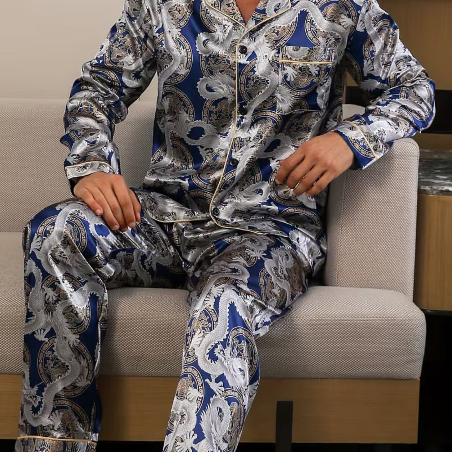Dragon Print Lapel Pajama Set | Revangiol