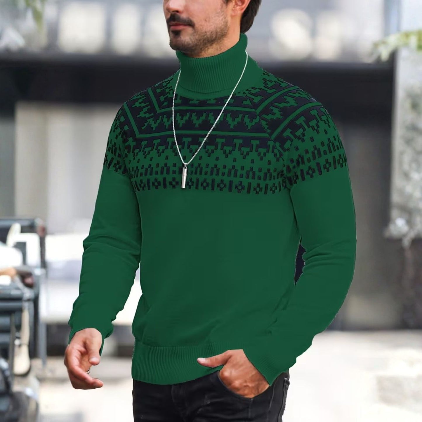 Jacquard Geometric Knit Turtleneck | Revangiol