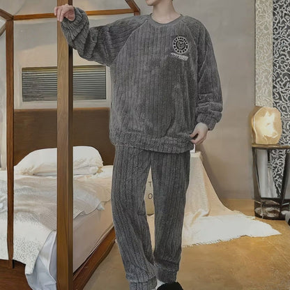 Fluffy Striped Crew Neck Pajama Set | Revangiol