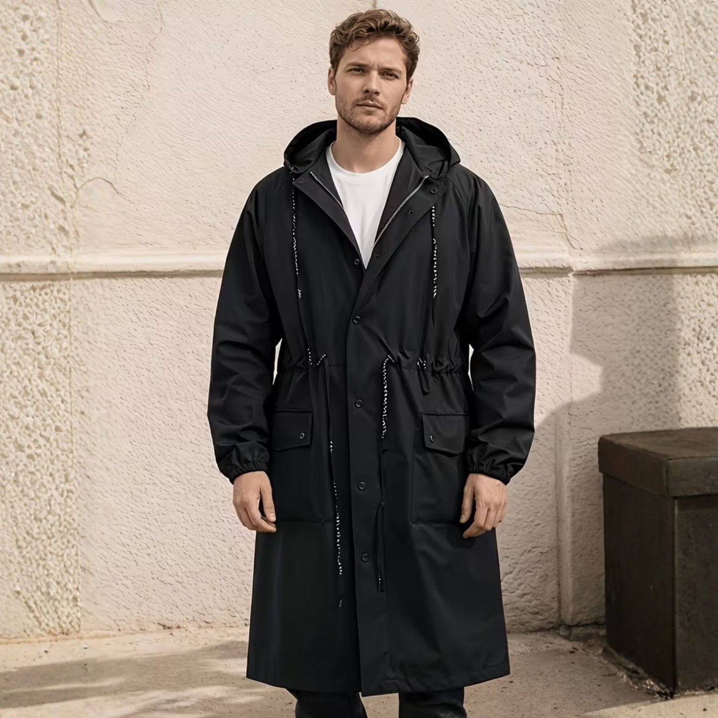 Belted Long Hooded Rain Coat | Revangiol