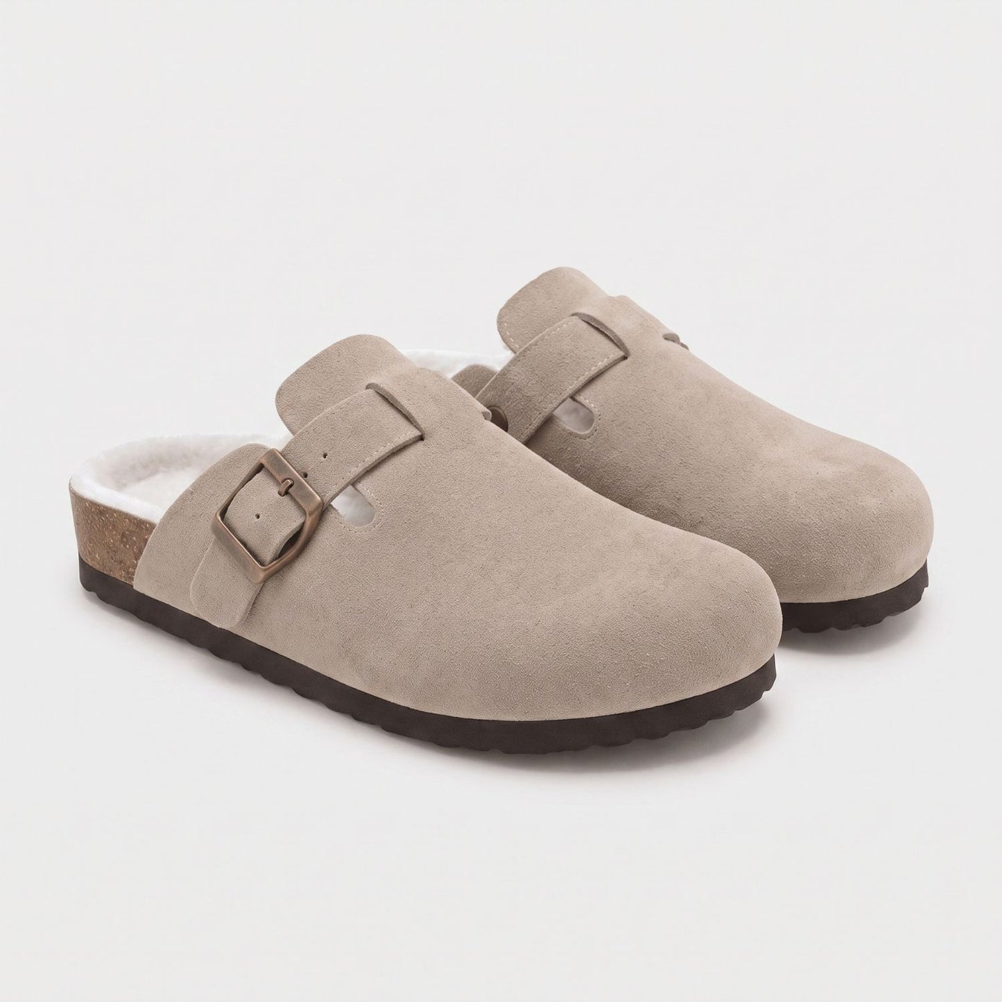 Fur-Lined Suede Buckle Clogs | Revangiol