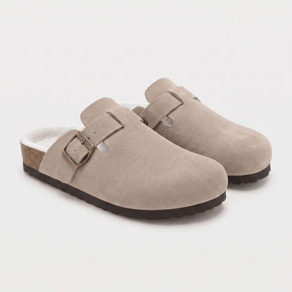 Fur-Lined Suede Buckle Clogs | Revangiol