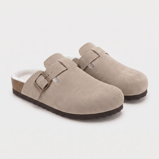 Fur-Lined Suede Buckle Clogs | Revangiol