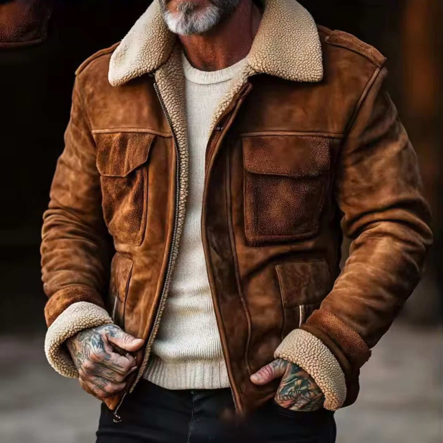Faux Lambskin Lined Suede Aviator Jacket | Revangiol