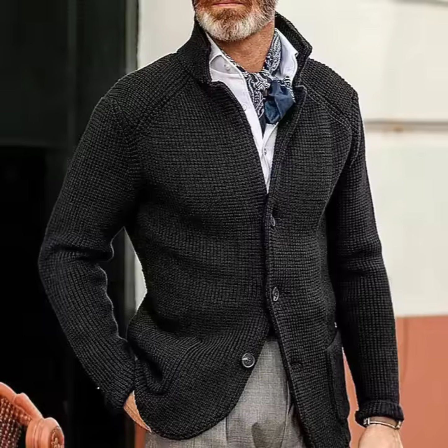Textured Stand Collar Cardigan | Revangiol