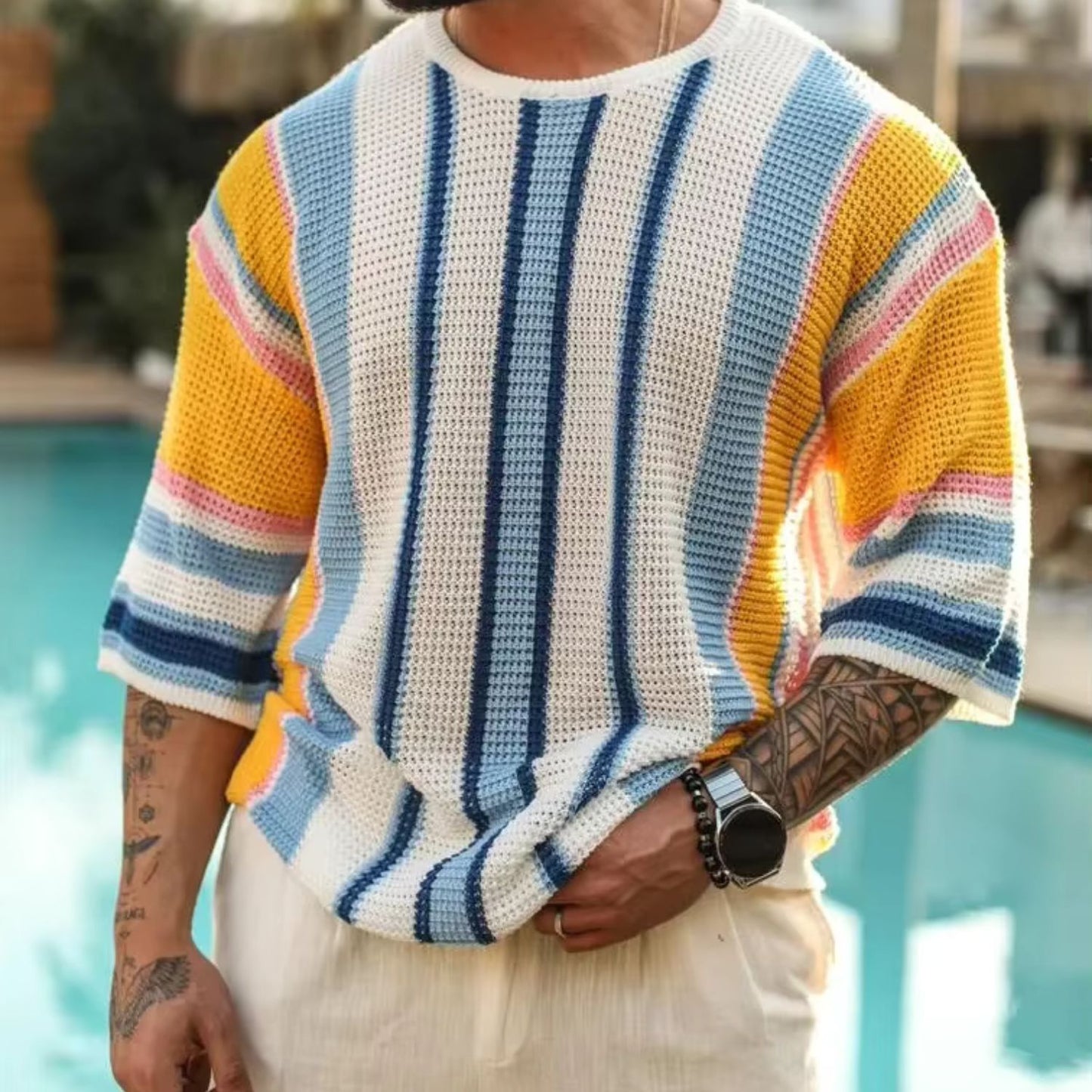 Short Sleeve Stripe Knit Sweater | Revangiol