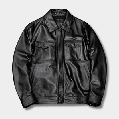 Classic Collared Leather Jacket | Revangiol