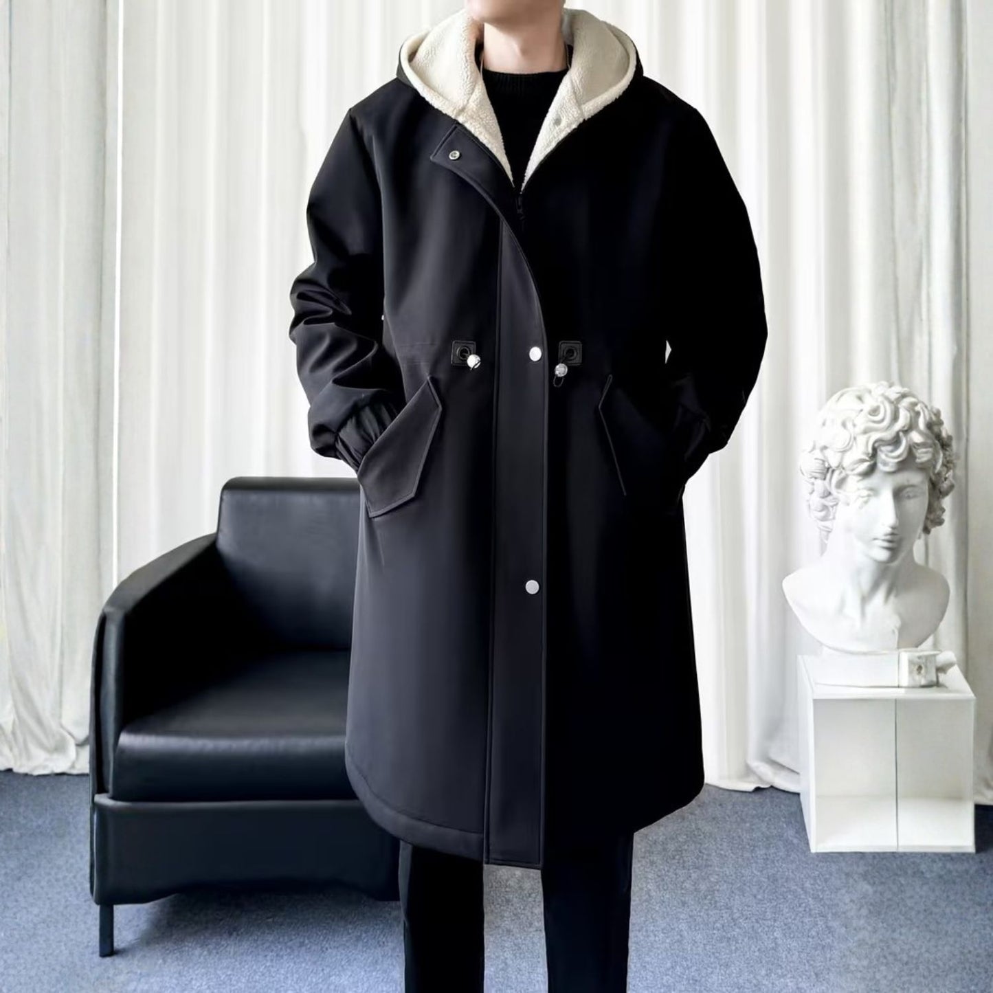 Fleece Hooded Trench Over Coat | Revangiol
