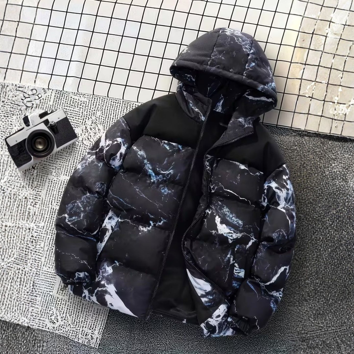 Marble Print Hooded Puffer Jacket | Revangiol