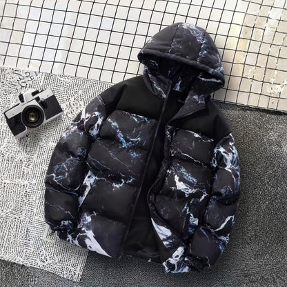 Marble Print Hooded Puffer Jacket | Revangiol
