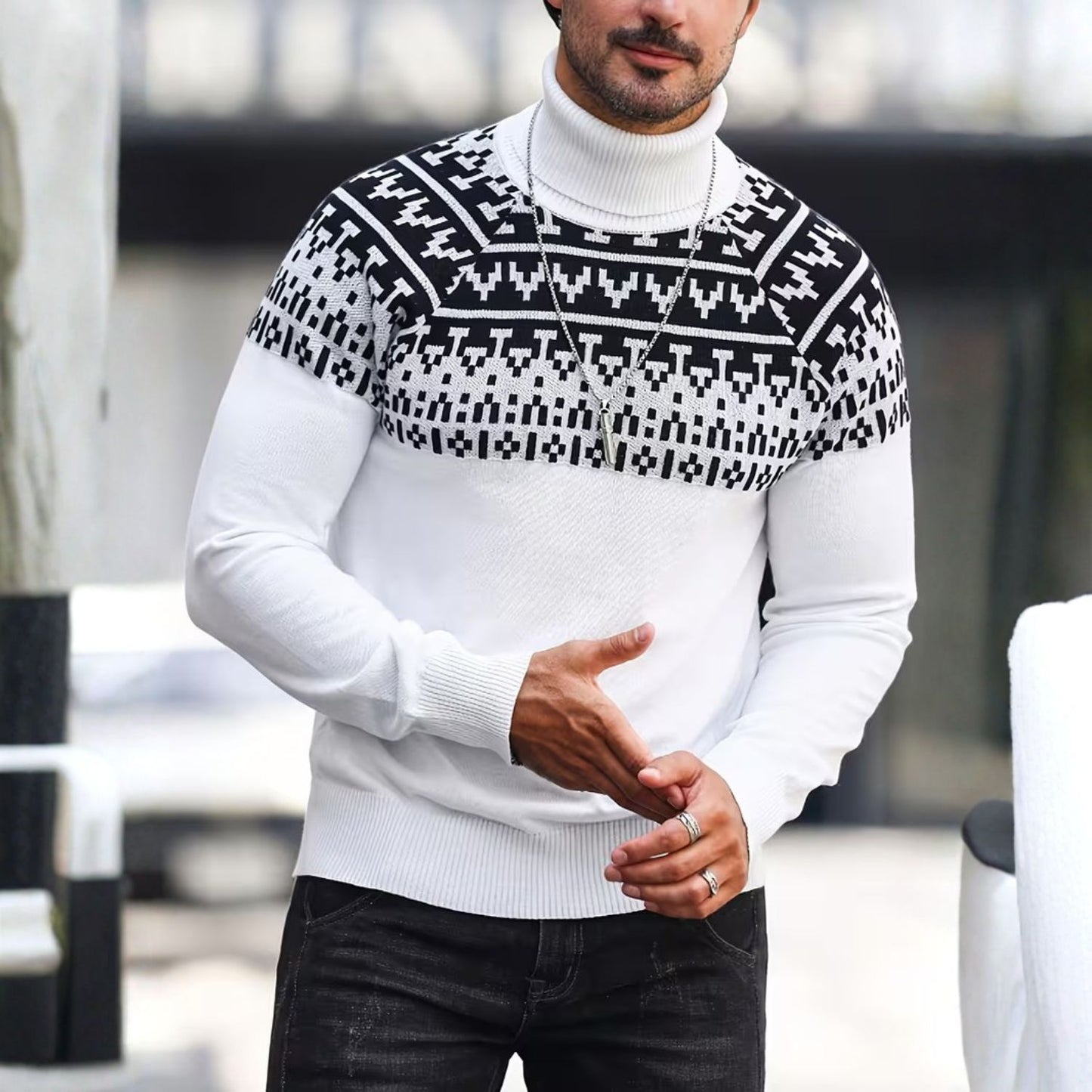 Jacquard Geometric Knit Turtleneck | Revangiol