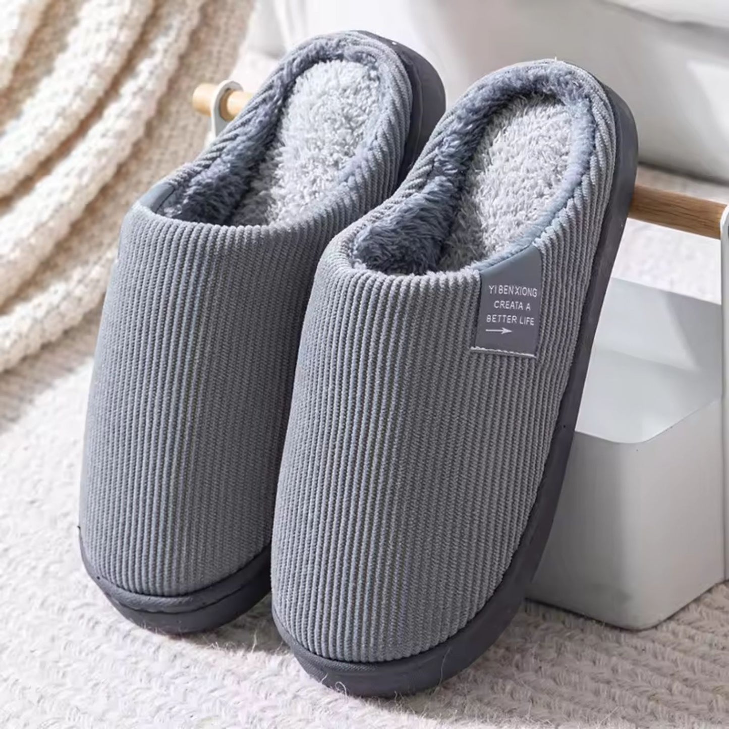 Ribbed Plush House Slippers | Revangiol