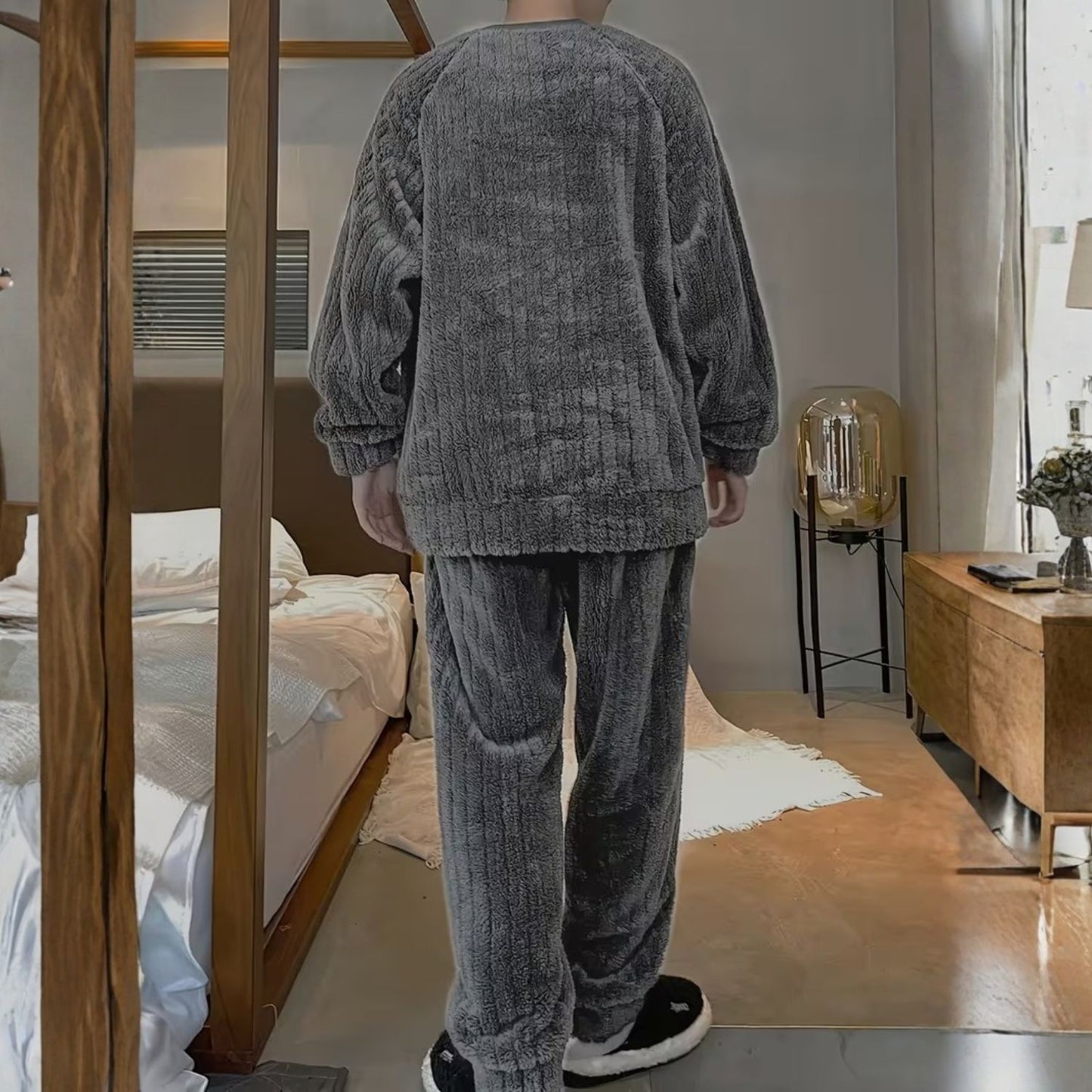 Fluffy Striped Crew Neck Pajama Set | Revangiol
