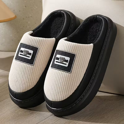 Corduroy Trim Plush Slippers | Revangiol
