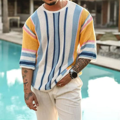 Short Sleeve Stripe Knit Sweater | Revangiol