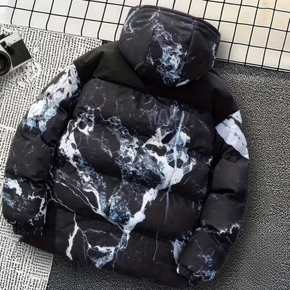 Marble Print Hooded Puffer Jacket | Revangiol