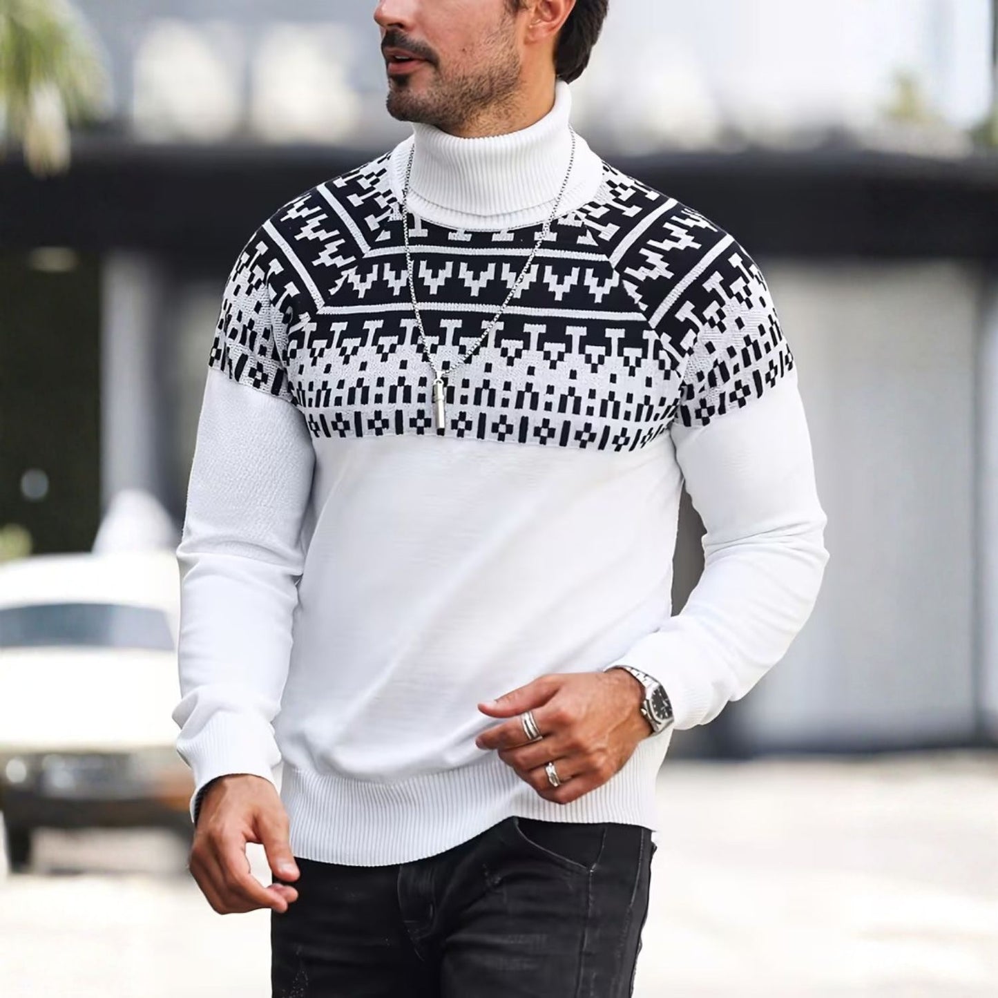 Jacquard Geometric Knit Turtleneck | Revangiol