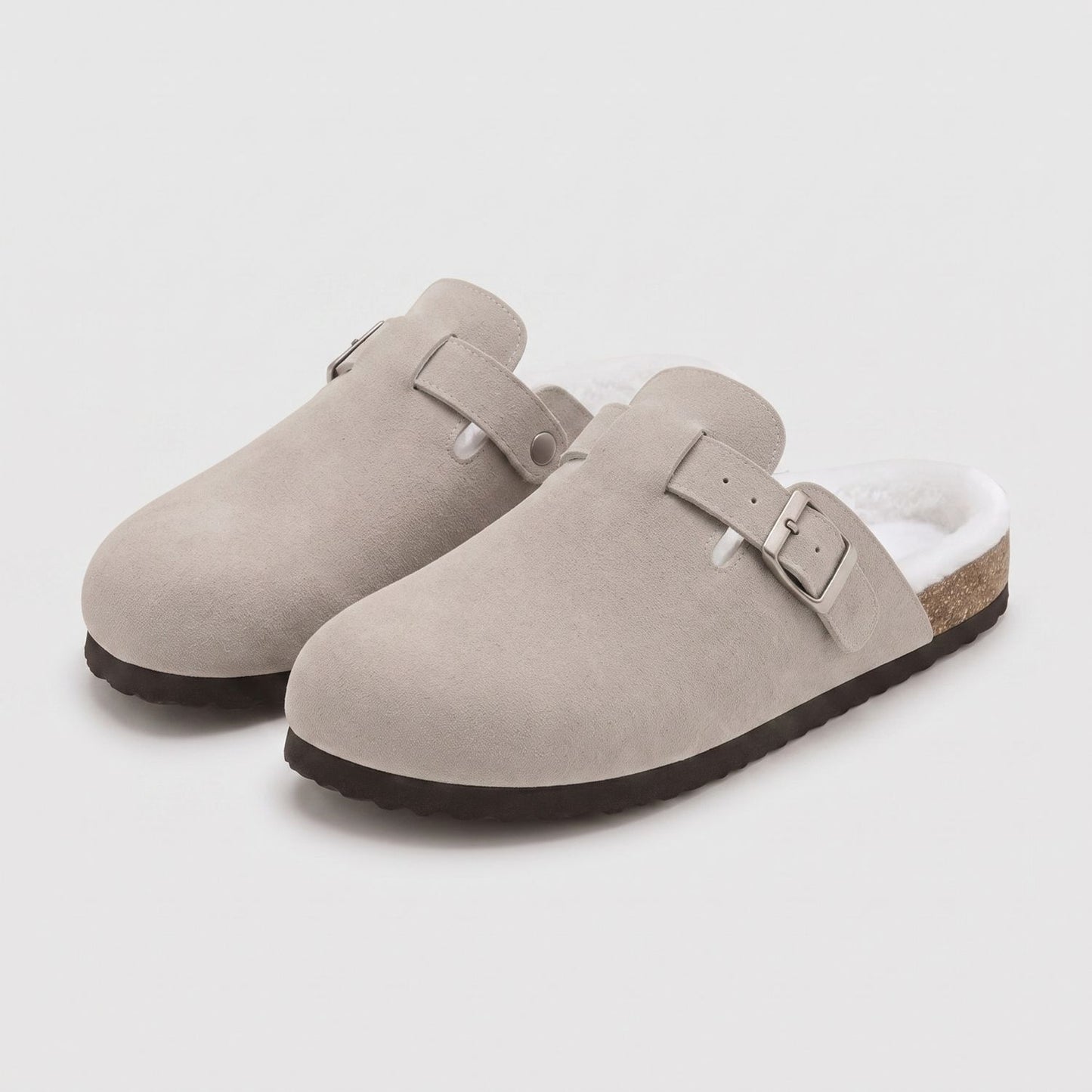 Fur-Lined Suede Buckle Clogs | Revangiol