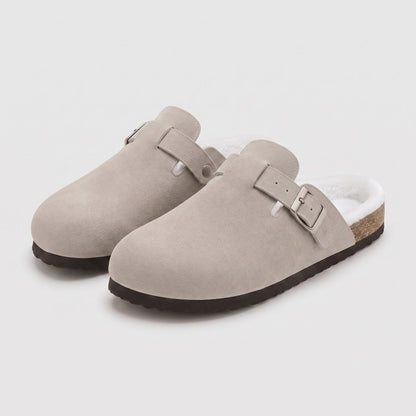 Fur-Lined Suede Buckle Clogs | Revangiol