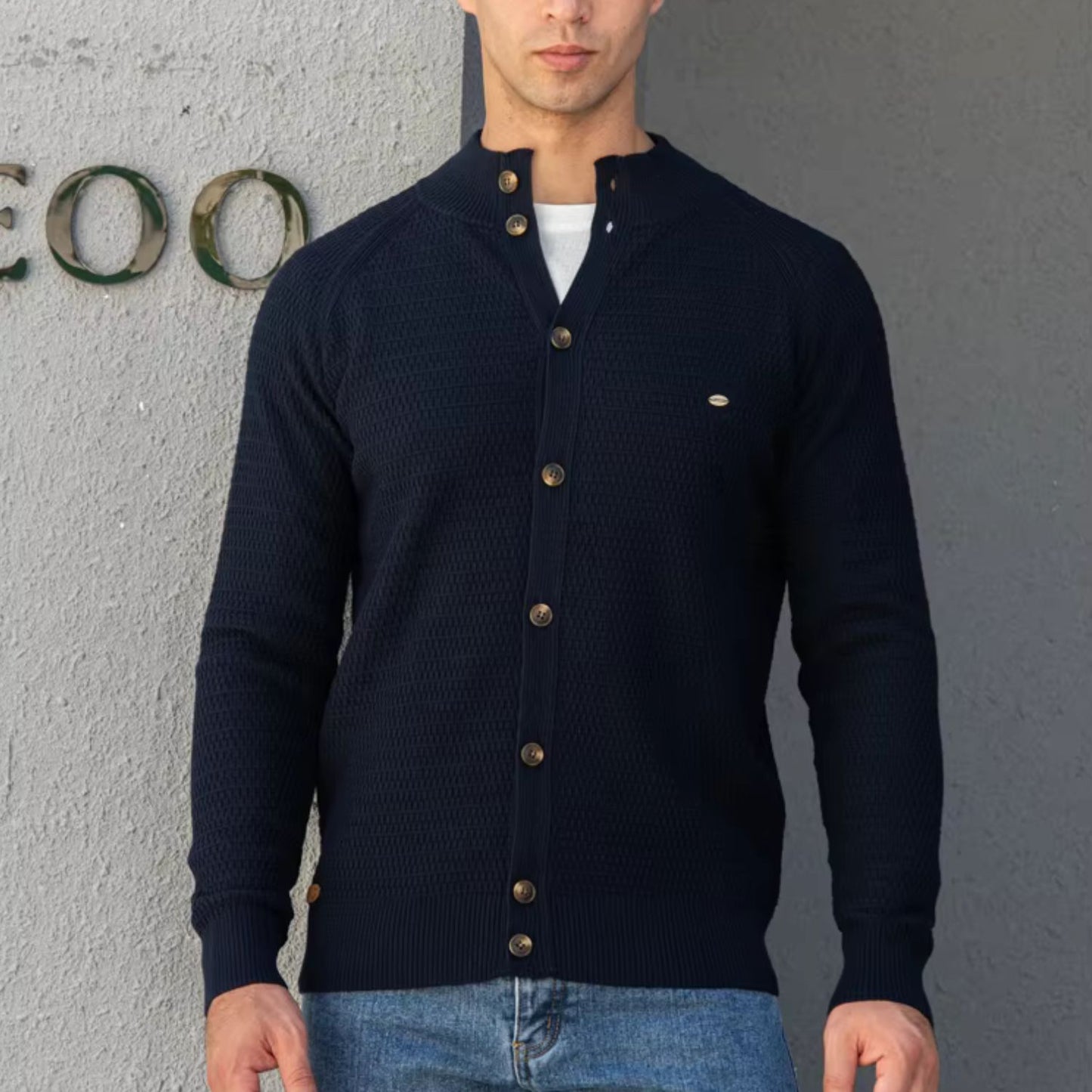 Textured Mandarin Collar Cardigan | Revangiol