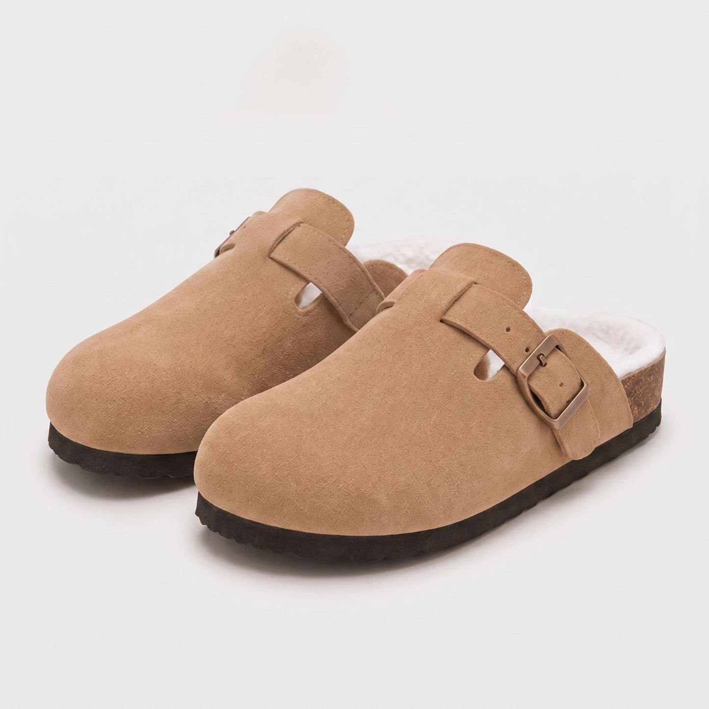 Fur-Lined Suede Buckle Clogs | Revangiol