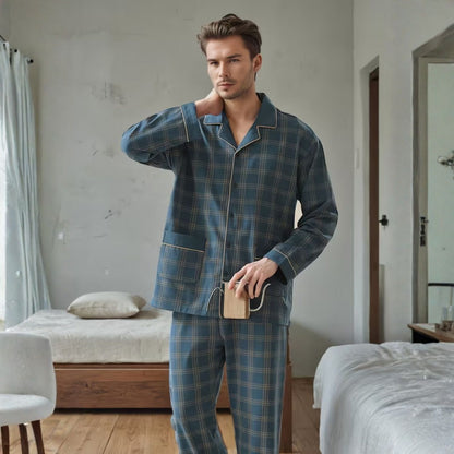 Plaid Lapel Button Pajama Set | Revangiol