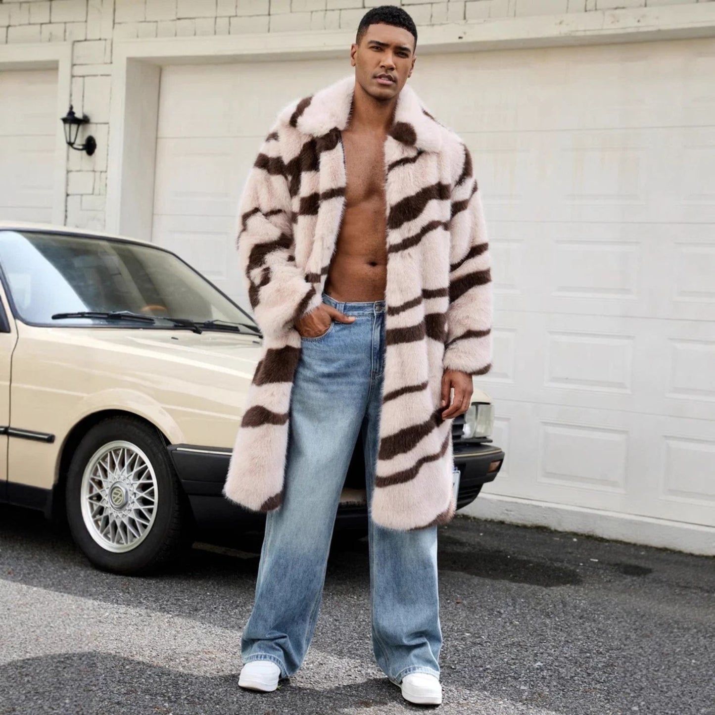 Wide Lapel Patterned Fur Coat | Revangiol
