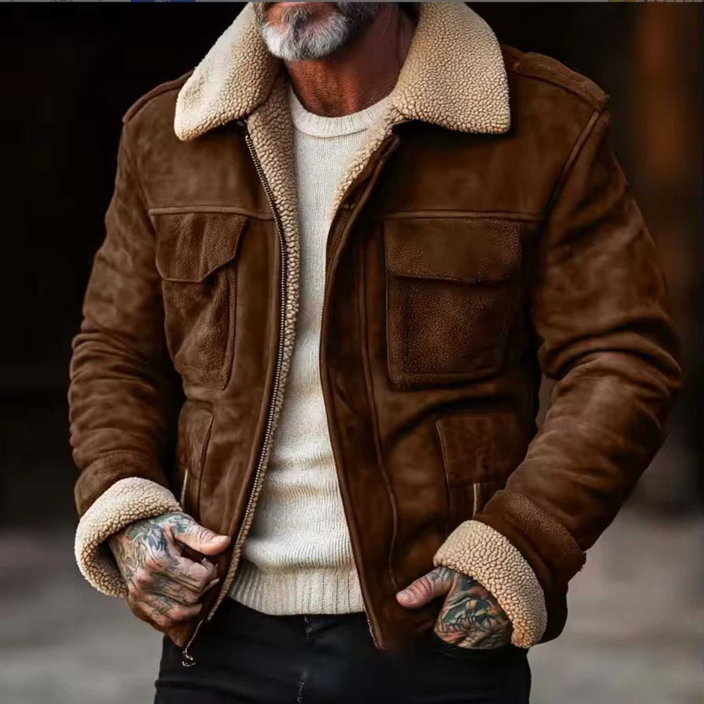 Faux Lambskin Lined Suede Aviator Jacket | Revangiol