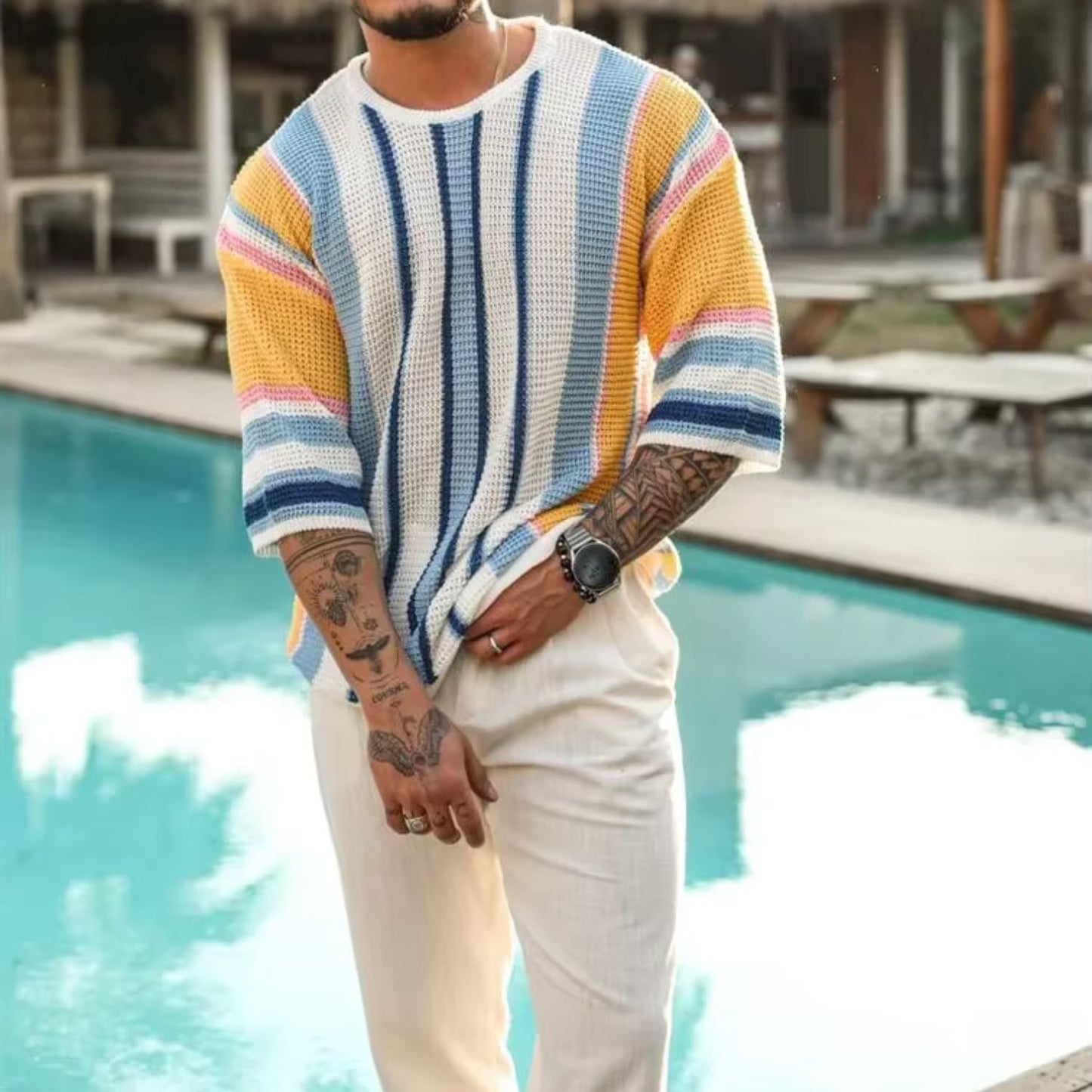 Short Sleeve Stripe Knit Sweater | Revangiol