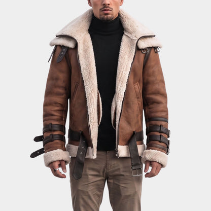 Faux Fur Lined Faux Leather Aviator Jacket | Revangiol