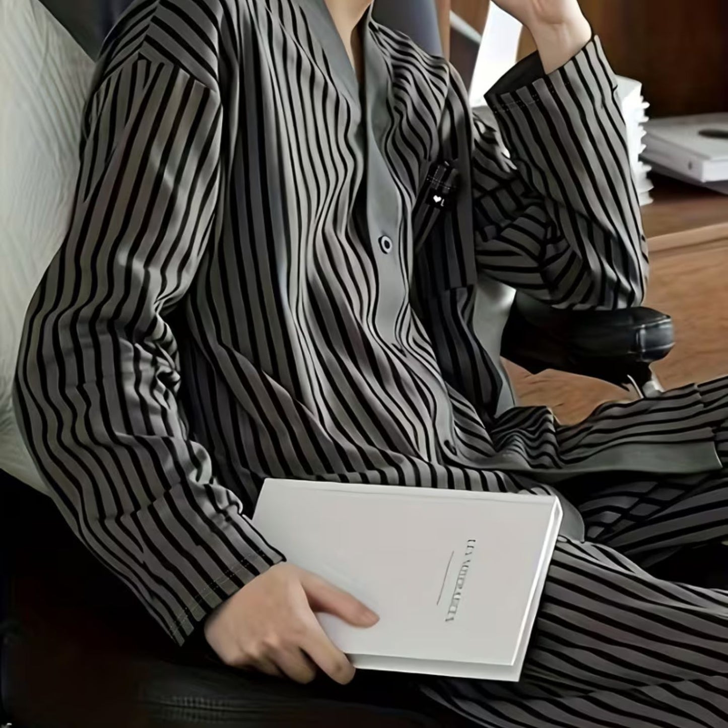 Striped V-Neck Lounge Pajama Set | Revangiol