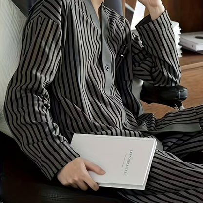 Striped V-Neck Lounge Pajama Set | Revangiol