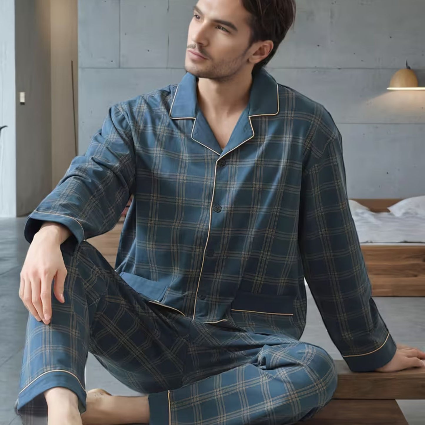 Plaid Lapel Button Pajama Set | Revangiol