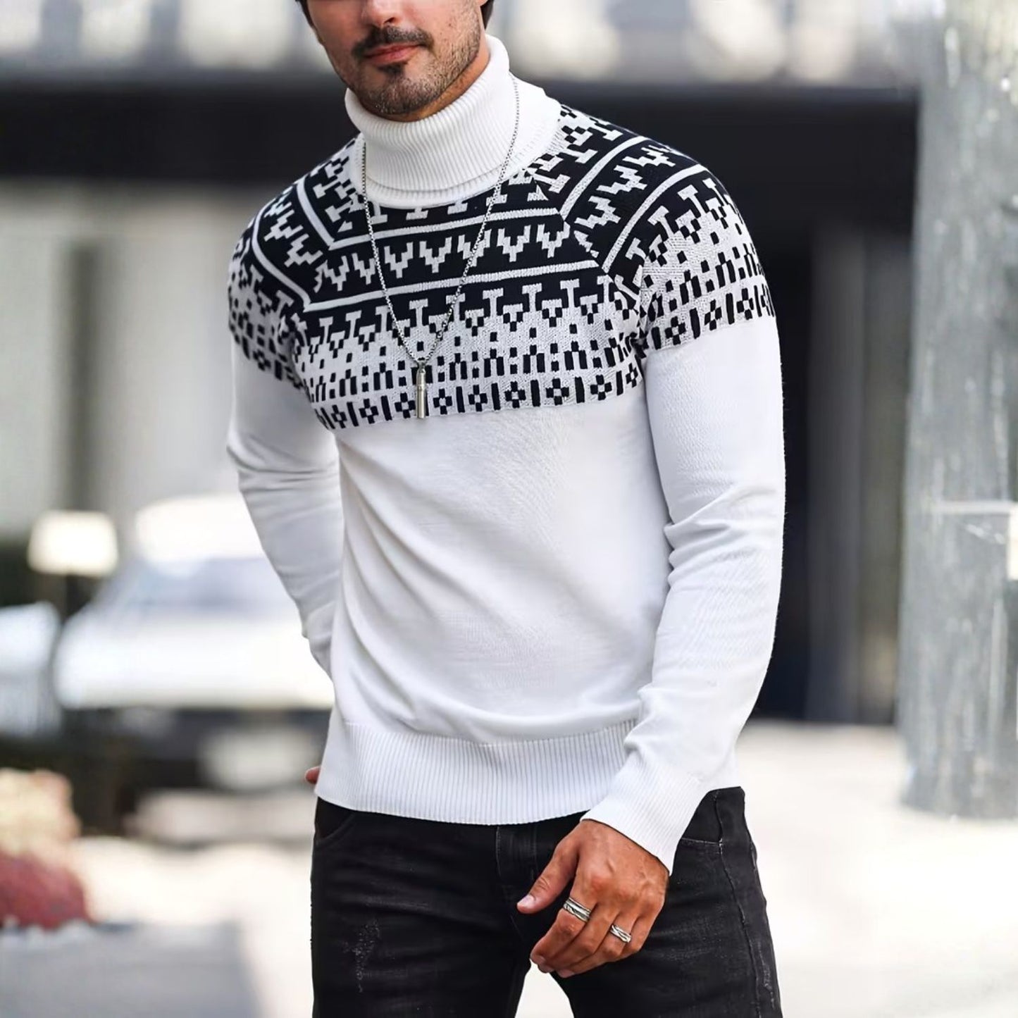 Jacquard Geometric Knit Turtleneck | Revangiol