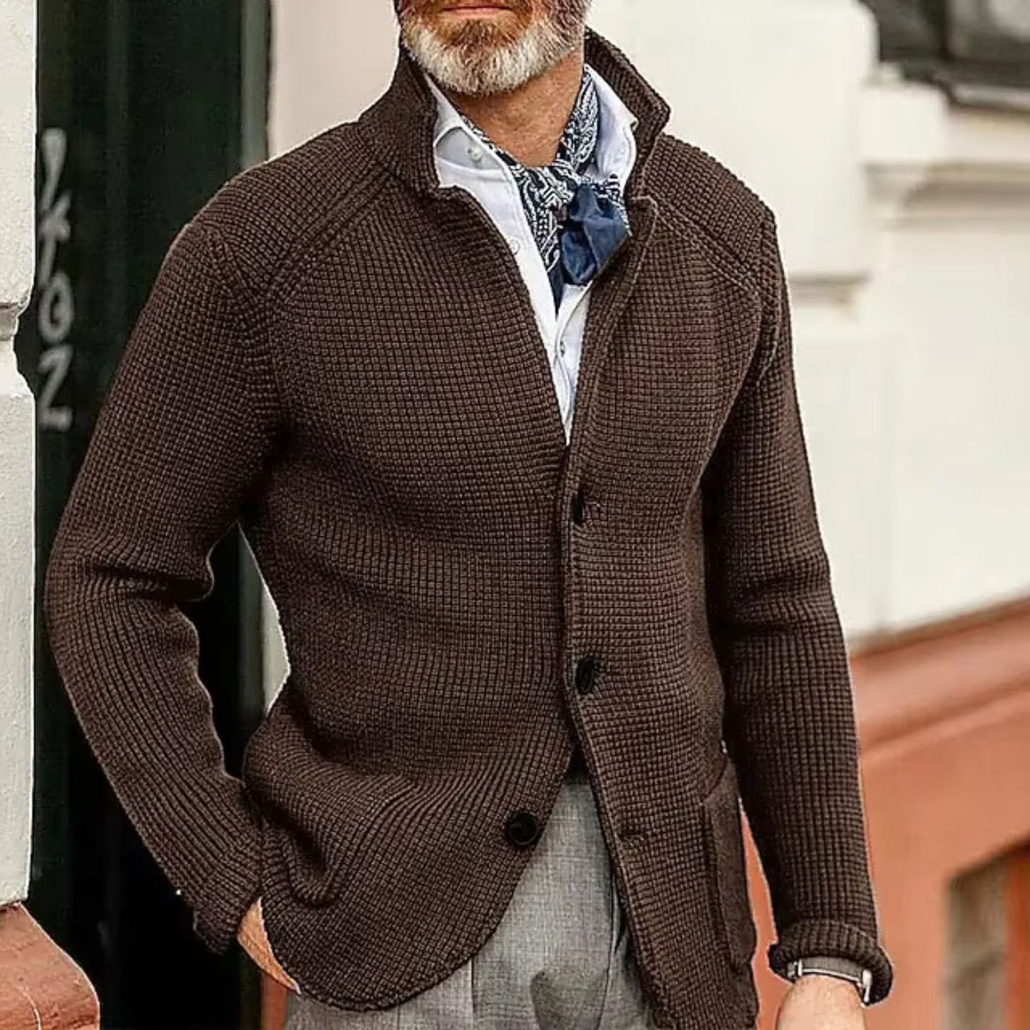 Textured Stand Collar Cardigan | Revangiol