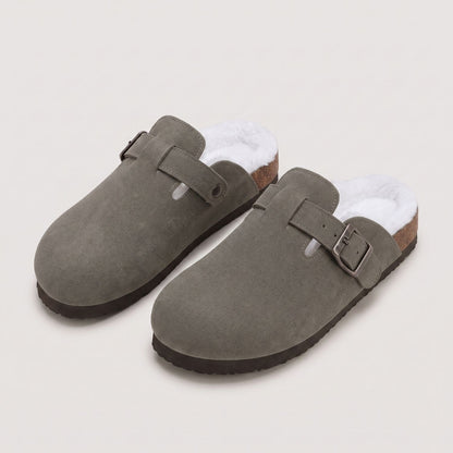 Fur-Lined Suede Buckle Clogs | Revangiol