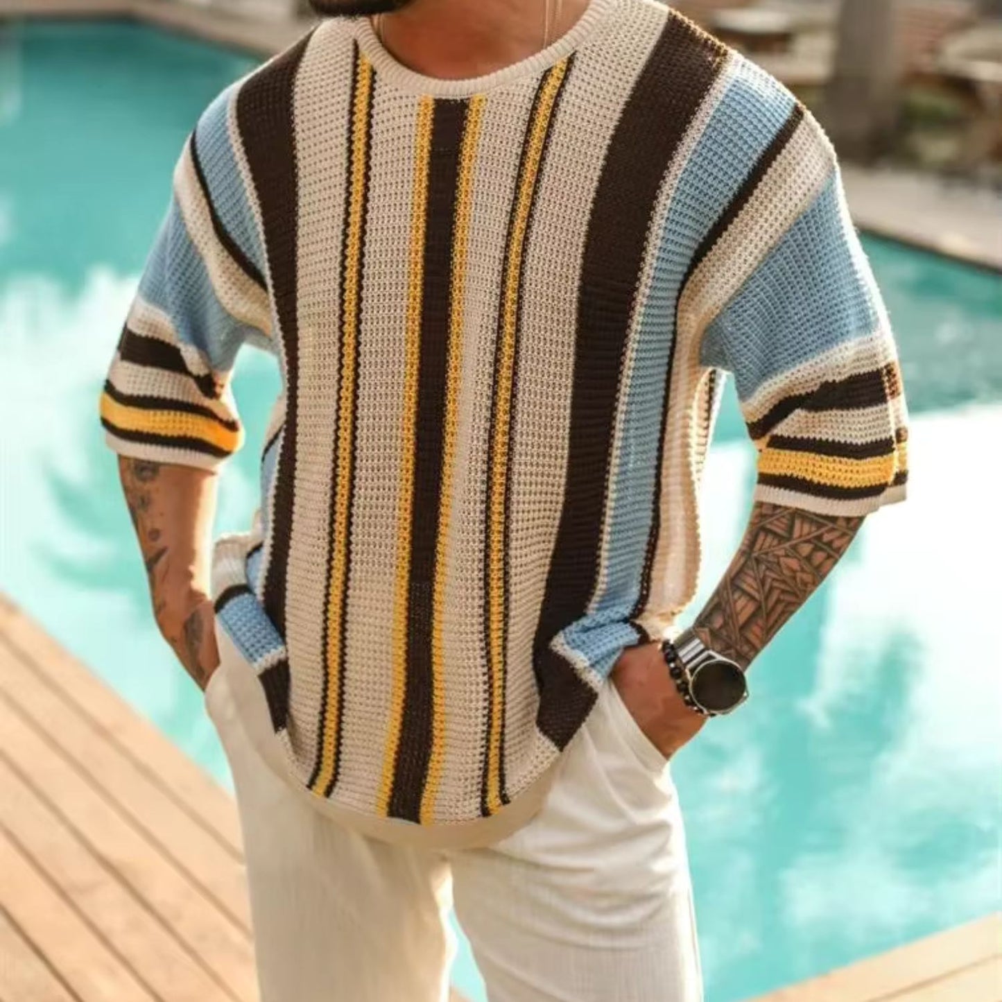 Short Sleeve Stripe Knit Sweater | Revangiol