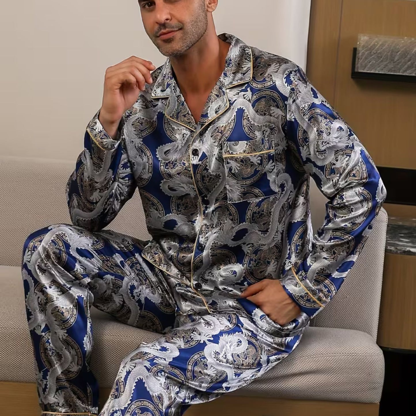 Dragon Print Lapel Pajama Set | Revangiol