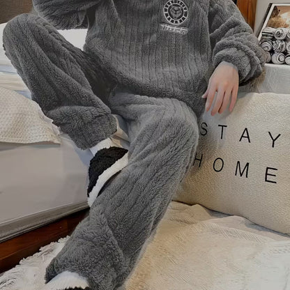 Fluffy Striped Crew Neck Pajama Set | Revangiol