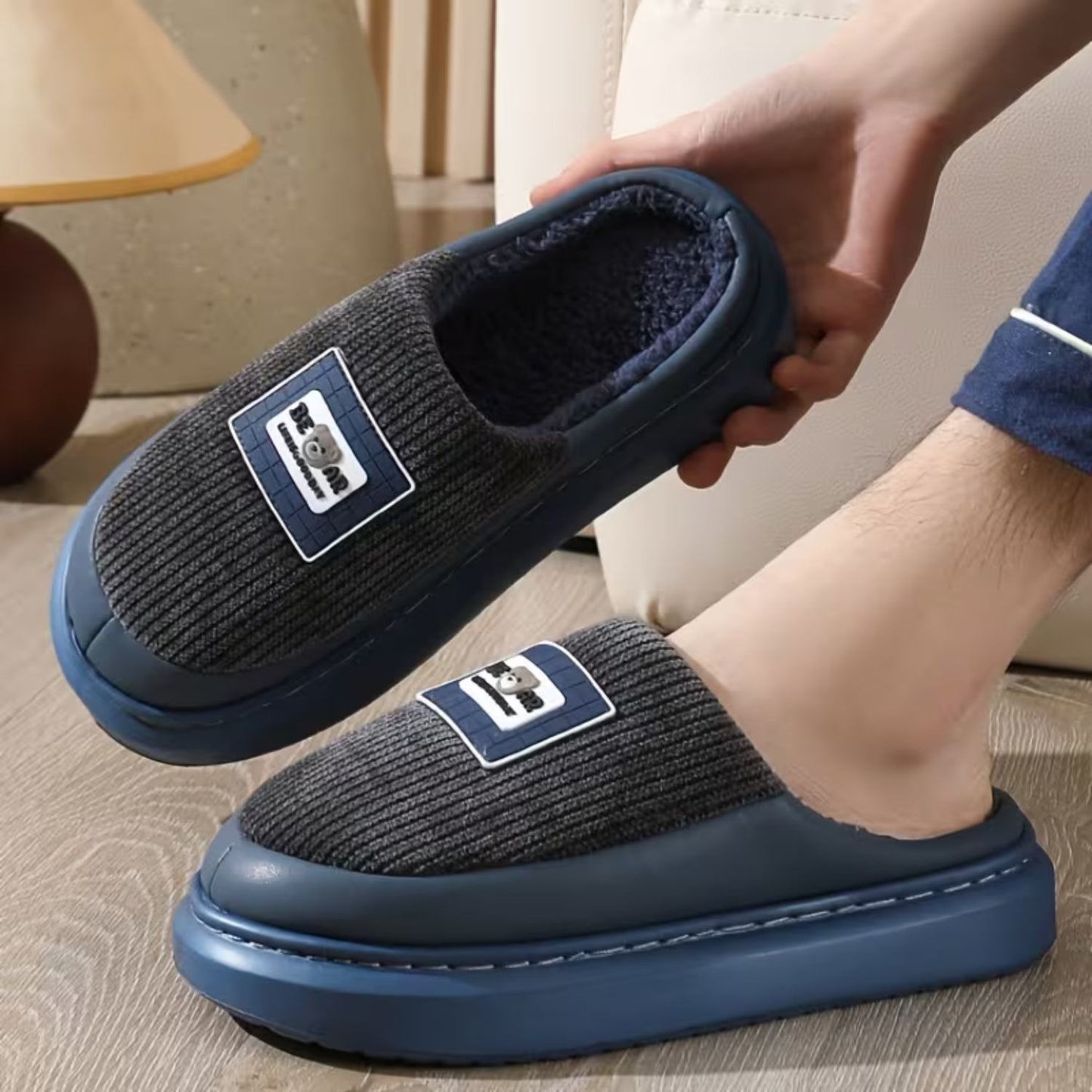 Corduroy Trim Plush Slippers | Revangiol