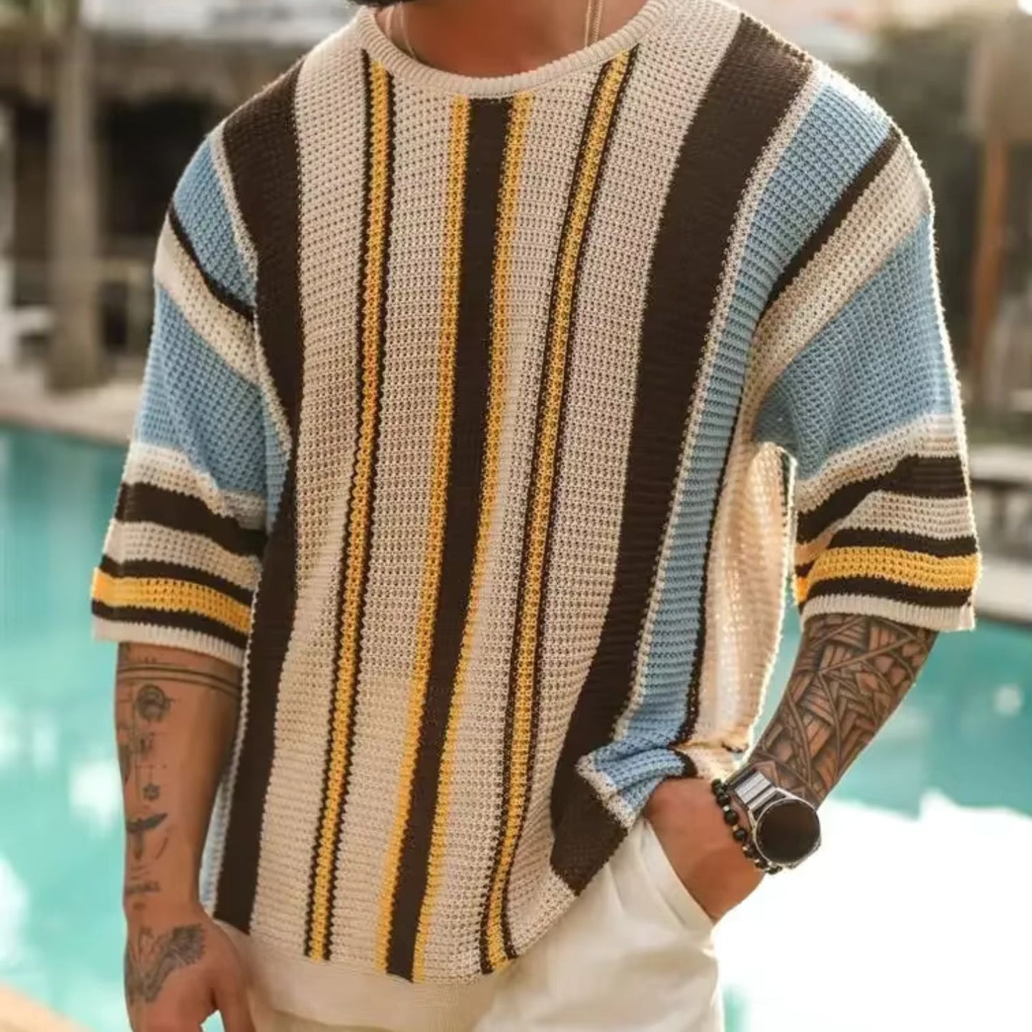 Short Sleeve Stripe Knit Sweater | Revangiol