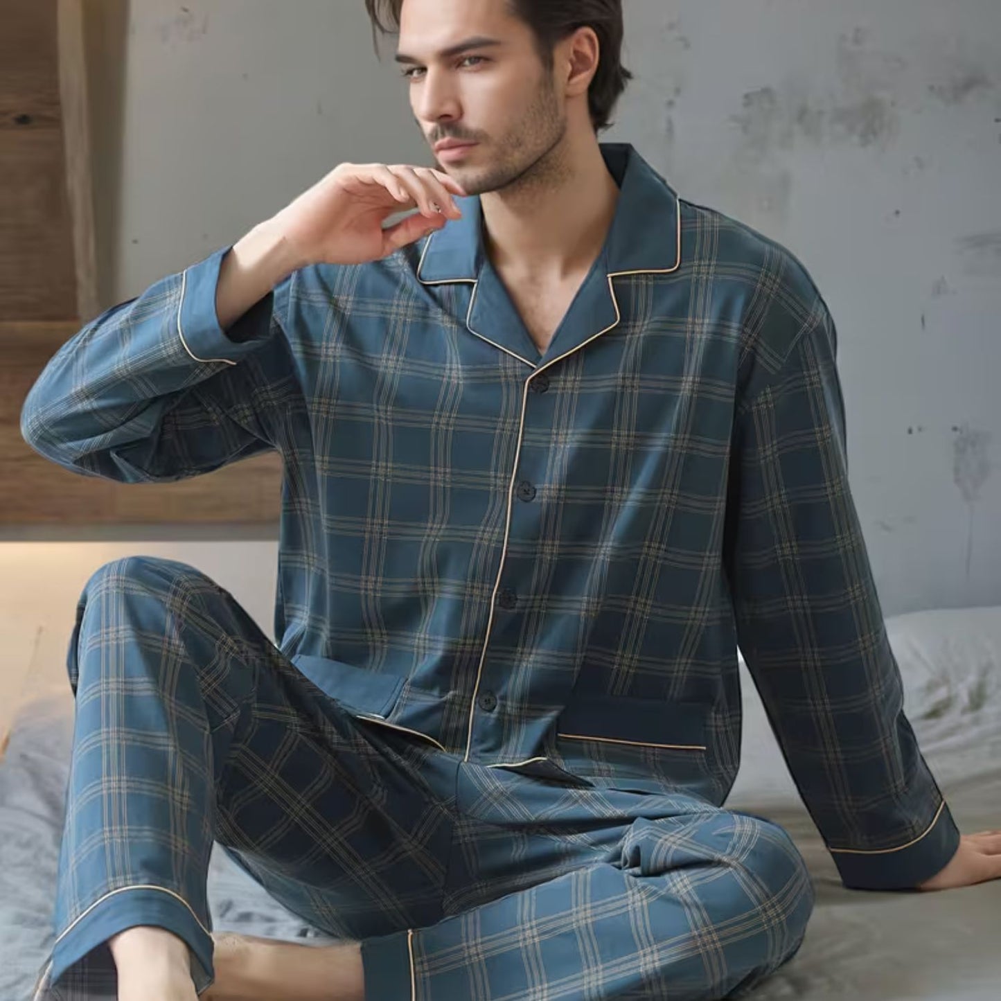 Plaid Lapel Button Pajama Set | Revangiol
