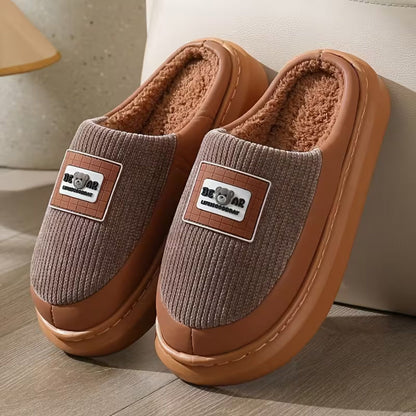 Corduroy Trim Plush Slippers | Revangiol