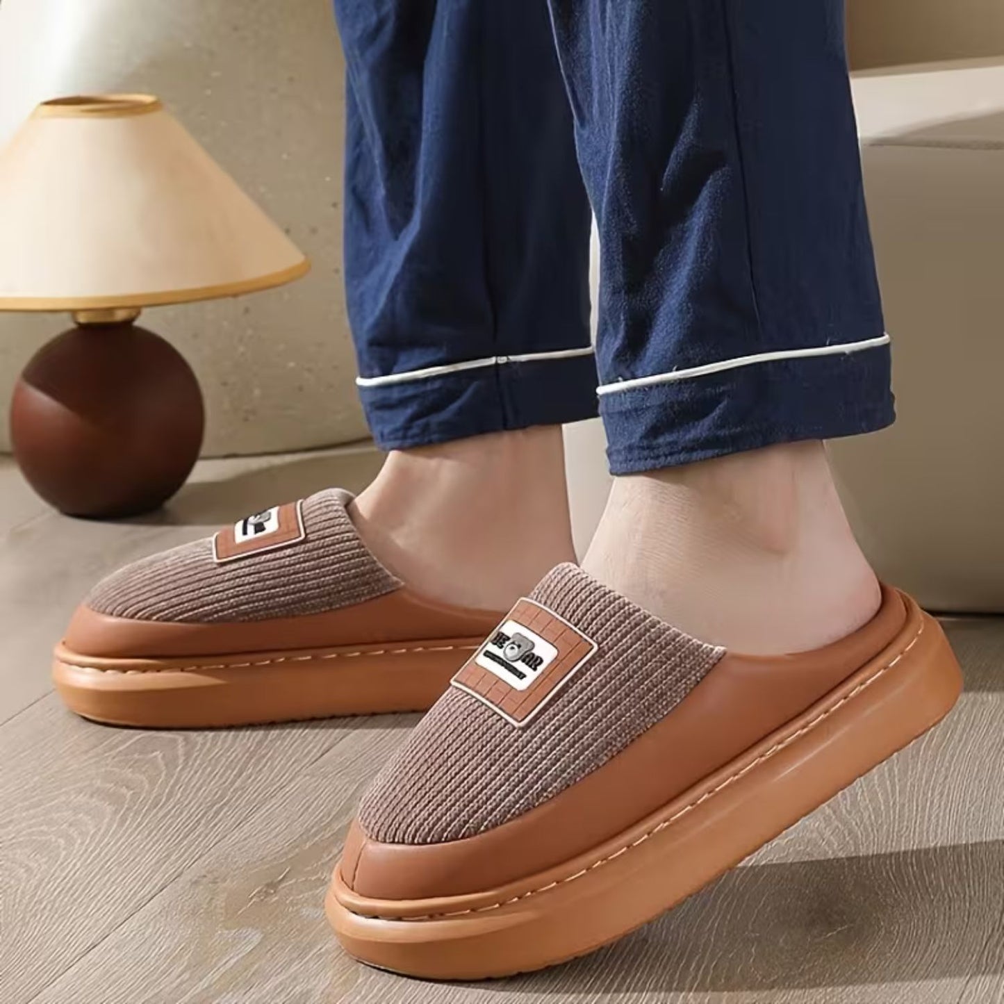 Corduroy Trim Plush Slippers | Revangiol