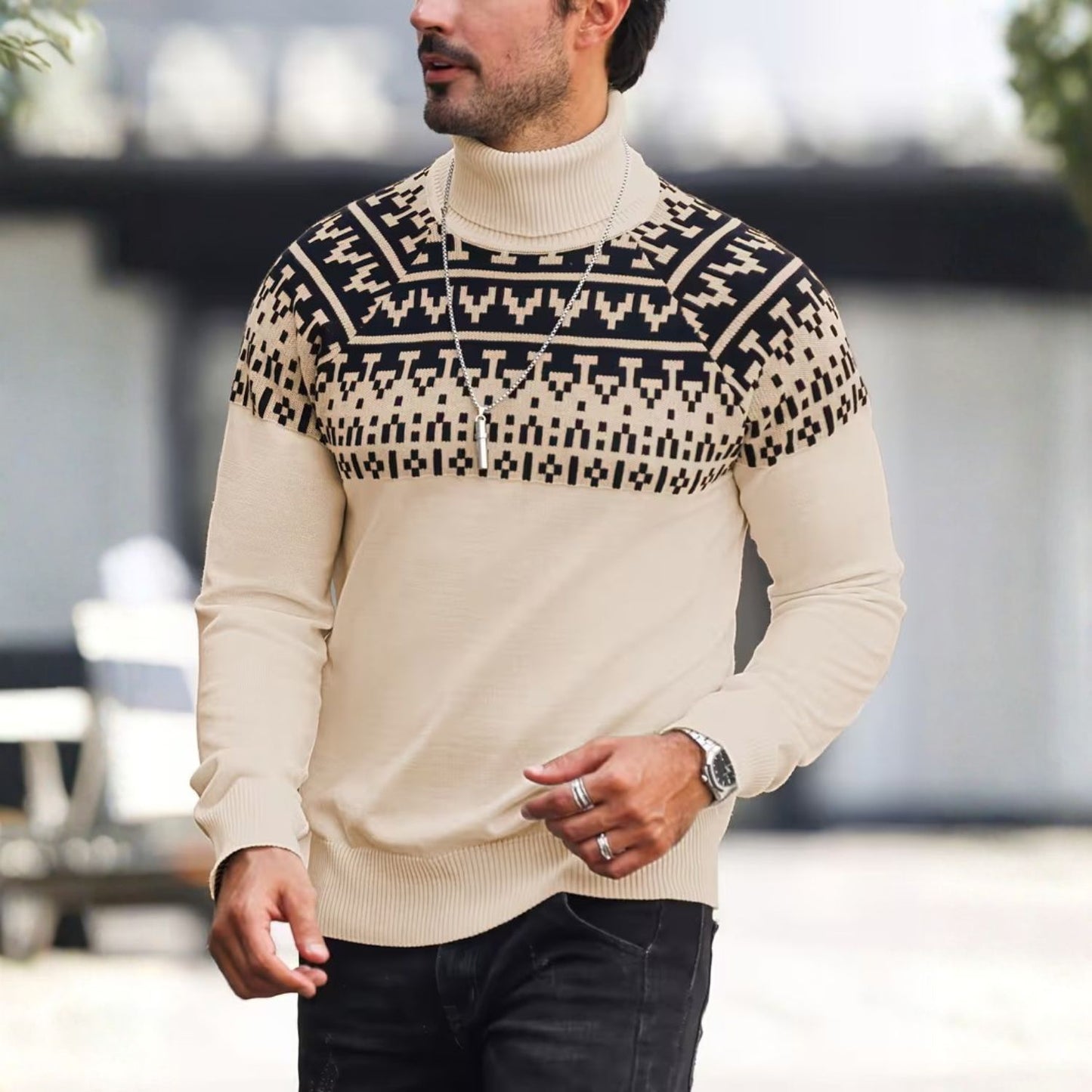 Jacquard Geometric Knit Turtleneck | Revangiol