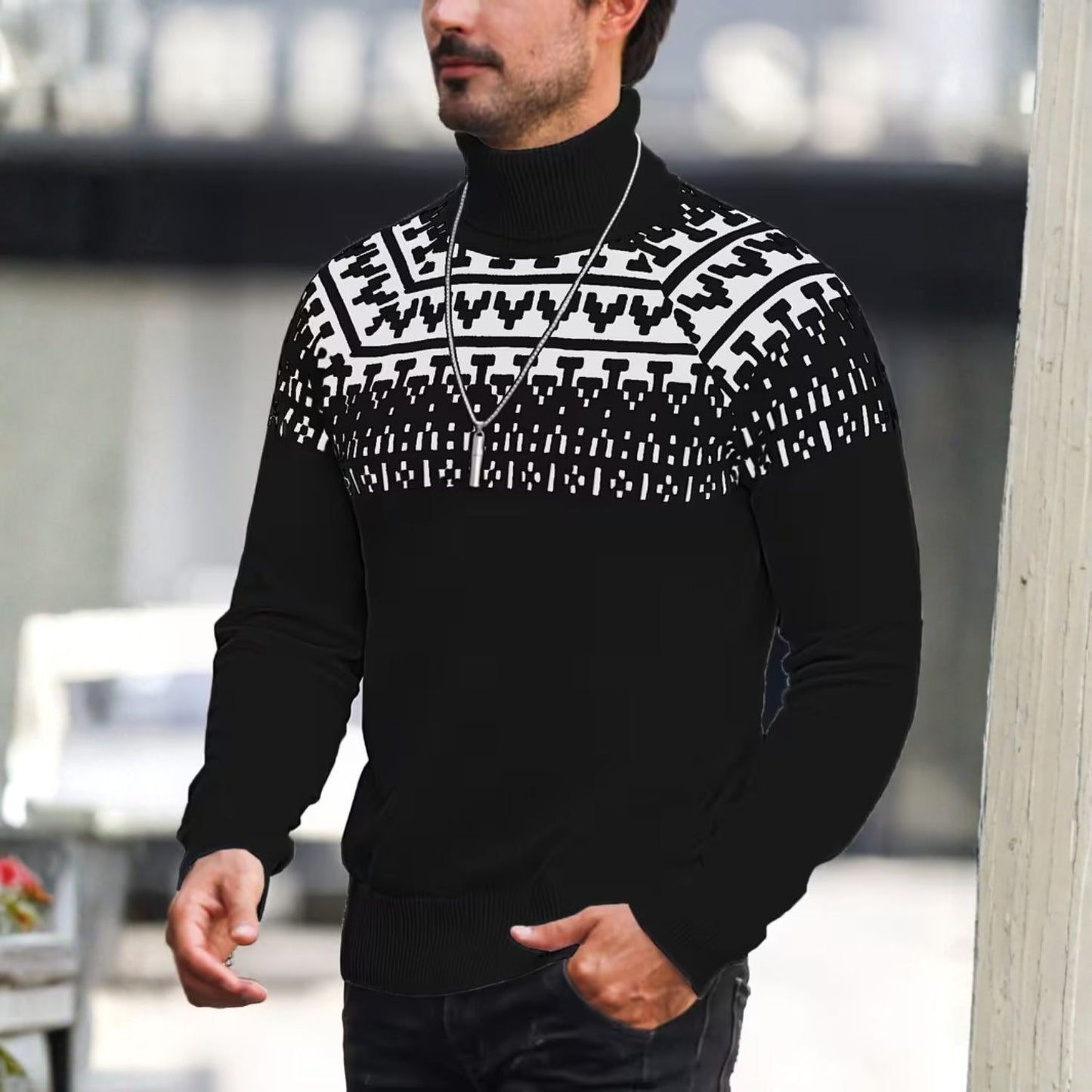 Jacquard Geometric Knit Turtleneck | Revangiol
