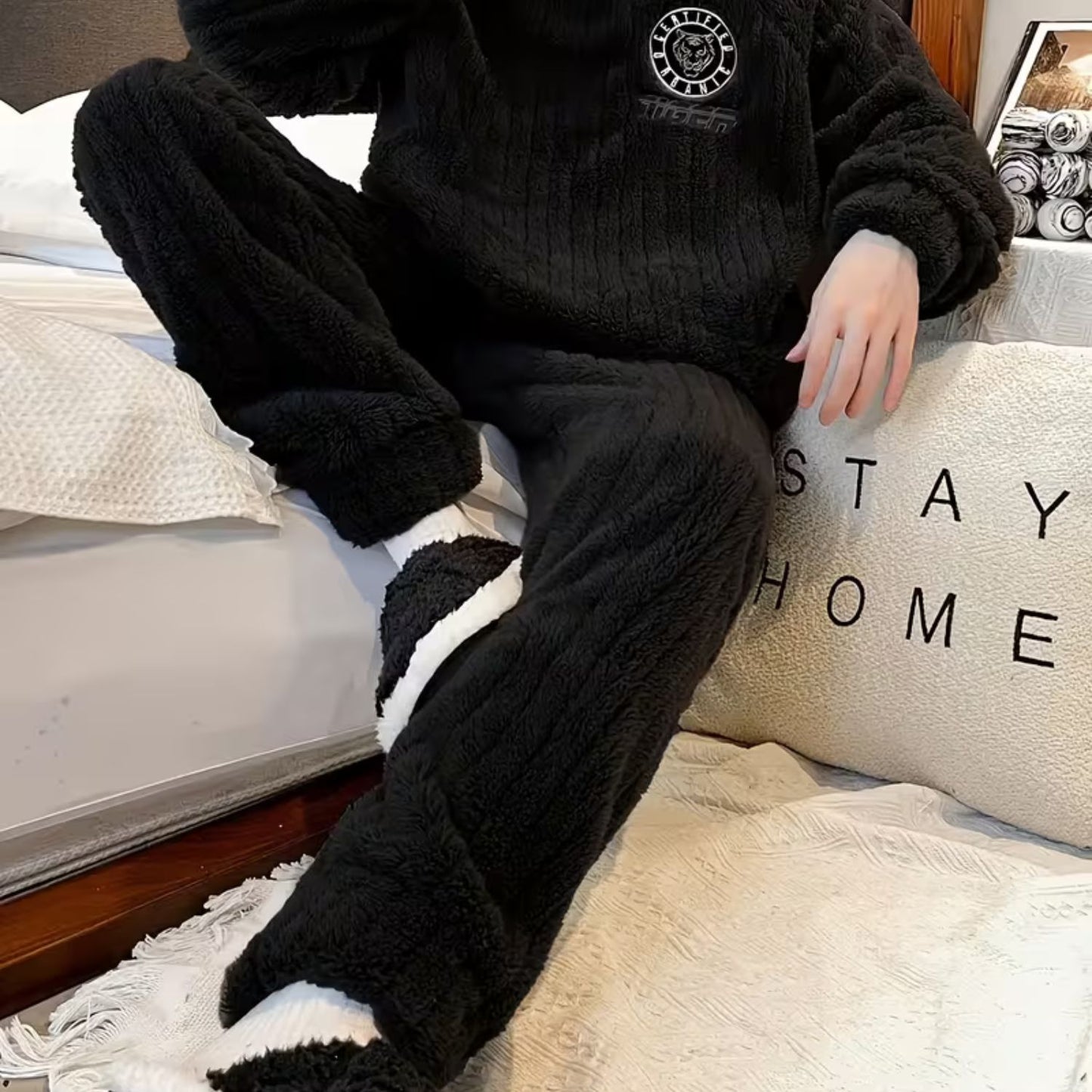 Fluffy Striped Crew Neck Pajama Set | Revangiol