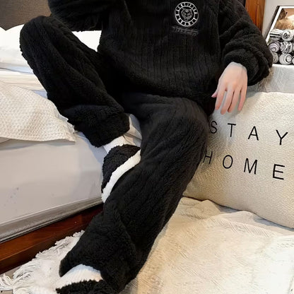 Fluffy Striped Crew Neck Pajama Set | Revangiol